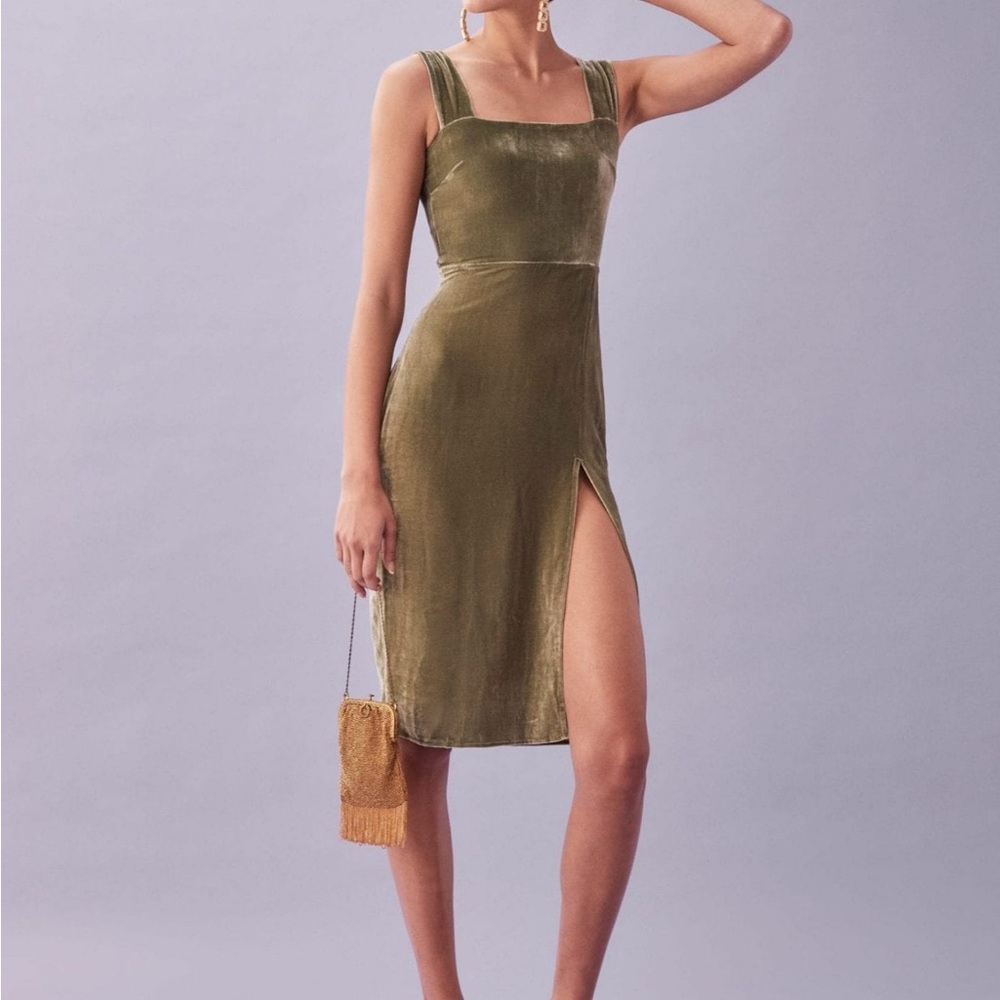 Reformation artichoke green midi velvet slit size 12 (fits like a 10)